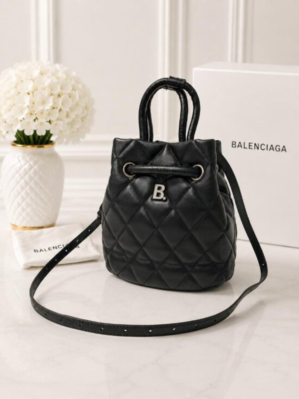 Authentic Balenciaga Quilted Leather Bucket Bag Black